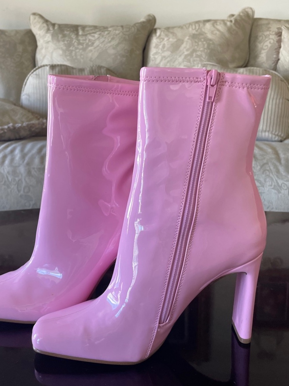 Pink Patent leather, boots.